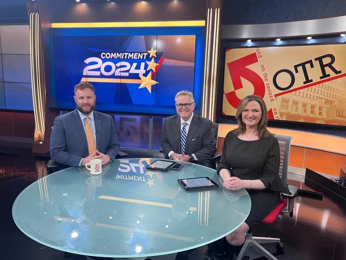 Senator Cyr, Ed Harding, and Sharman Sacchetti on the set of On the Record. 