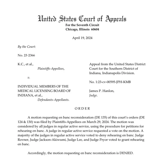 ORDER
A motion requesting en banc reconsideration (DE 135) of this court’s orders (DE 124 & 130) was filed by Plaintiffs-Appellees on March 29, 2024. The motion was considered by all judges in regular active service, using the procedure for petitions for rehearing en banc. A judge in regular active service requested a vote on the motion. A majority of the judges in regular active service voted to deny rehearing en banc. Judge Rovner, Judge Jackson-Akiwumi, Judge Lee, and Judge Pryor voted to grant rehearing en banc.
Accordingly, the motion requesting en banc reconsideration is DENIED.