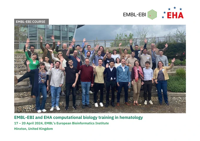 EMBL-EBI course. EMBL-EBI and EHA logos. 
A group of people stand smiling and waving their arms and legs whilst outside on stone steps at EMBL-EBI. Underneath them is a digital banner saying EMBL-EBI and EHA computational biology training in hematology. 17 – 20 April 2024, EMBL's European Bioinformatics Institute. Hinxton, United Kingdom.
