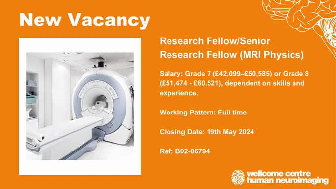 Picture describing the details of a job vacancy. The background is orange with white writing. Vacancy Title: Research Fellow/Senior Research Fellow (MRI Physics) Salary: £42,099–£50,585 or £51,474 - £60,521, dependent on skills and experience. Working Pattern: Full time. Closing Date: 19th May 2024. Ref Number: B02-06794.