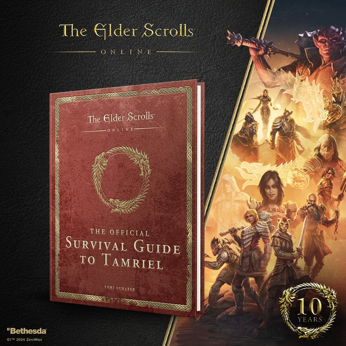 The Official Survival Guide to Tamriel book cover, with the ESO 10 year anniversary artwork to the side. 