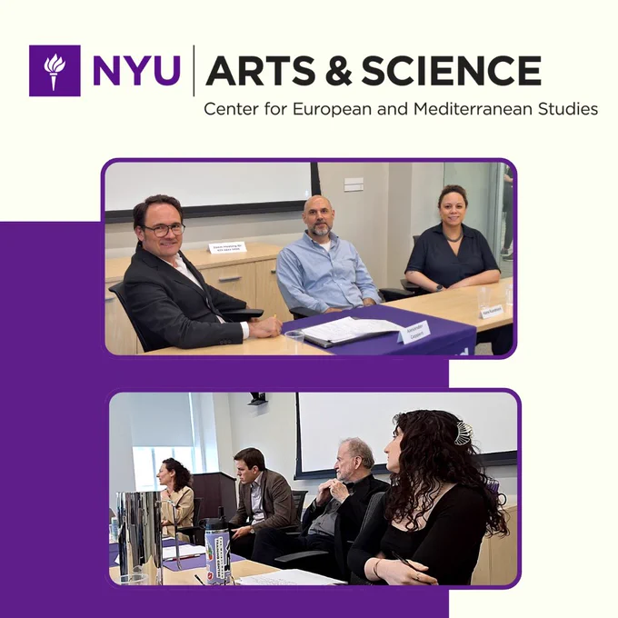 NYU Arts and Science Center for European and Mediterranean Studies logo. First picture, 3 panelists sitting at a table, Alexander Geppert, Hans Kundnani, and Jennifer Allen. Second picture of Michelle Kahn, James Cronin, Fritz Bartel, and Hadas Aron at a table.