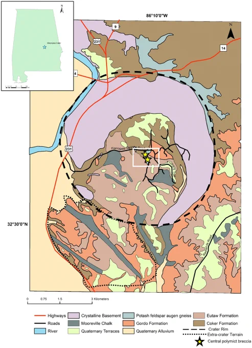 Geologic map of Wetumpka structure, modified after King et al. (2015). Note that the legend is not in stratigraphic order. Yellow stars show the location of the central polymict breccia outcrops in the apparent crater floor that are the subject of this work. Dashed line shows the approximate extent of the crater rim, and dotted line represents the extra-crater terrain (modified from King et al., 2006). Inset shows the location of Wetumpka crater in Alabama.
Neeraja S. Chinchalkar et al., 2024