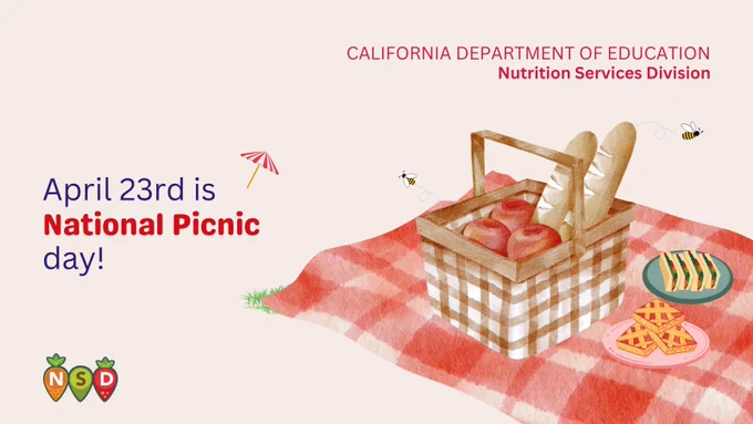 The image is of a picnic blanket and basket with 2 loafs of bread sticking out of the basket. 