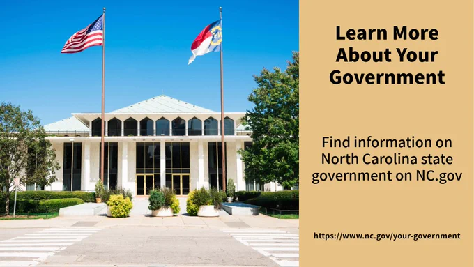 Image of North Carolina legislative building with text: Learn More about your government, Find information on North Carolina state government on NC.gov, nc.gov/your-government