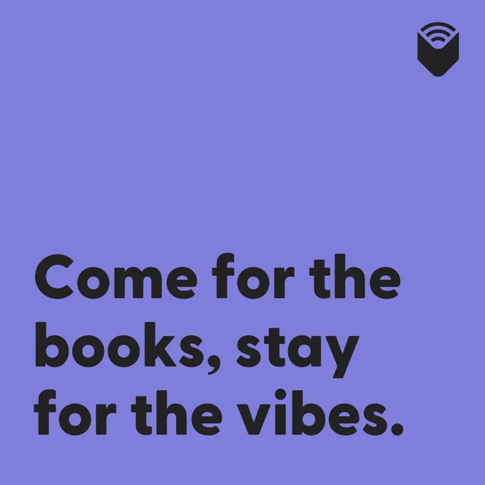 Purple background with text that reads: "Come for the books, stay for the vibes."