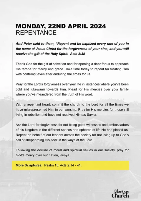 Prayer & Fasting Week
Day 1 
REPENTANCE
Bible Ref:  Acts 2:38
Glorious Church;

Today, thank God for the gift of salvation and for opening a door for you to approach His throne for mercy and grace. 
Pray for the Lord’s forgiveness over your life in instances where you’ve been cold and lukewarm towards Him. 
Plead for His mercies over your family where you’ve meandered from the truth of His word. 

#iPRAY #ItsTime #Touch #CompassMeetsClock