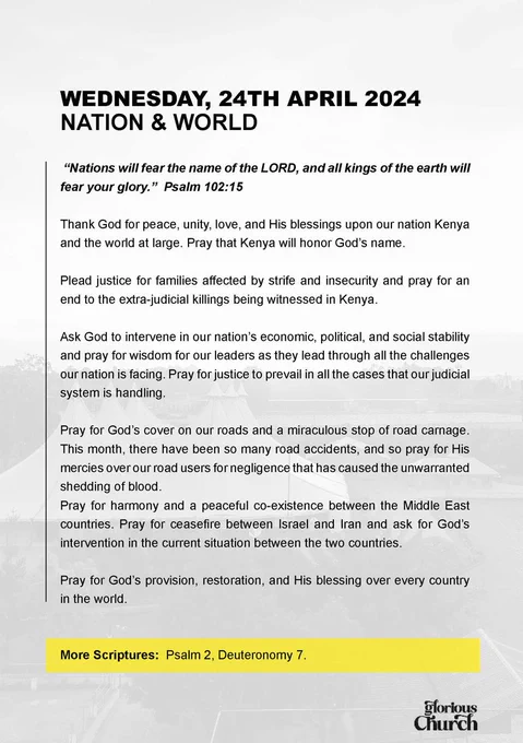 Prayer & Fasting Wk
Day 3
NATION & THE WORLD
Bible Ref:  Psalm 102:15

Thank God for peace, unity, love, and His blessings upon our nation Kenya and the world at large. Pray that Kenya will honor God’s name.

Pray for God’s provision, restoration, and His blessing over every country in the world.

#iPRAY #ItsTime #Touch #CompassMeetsClock