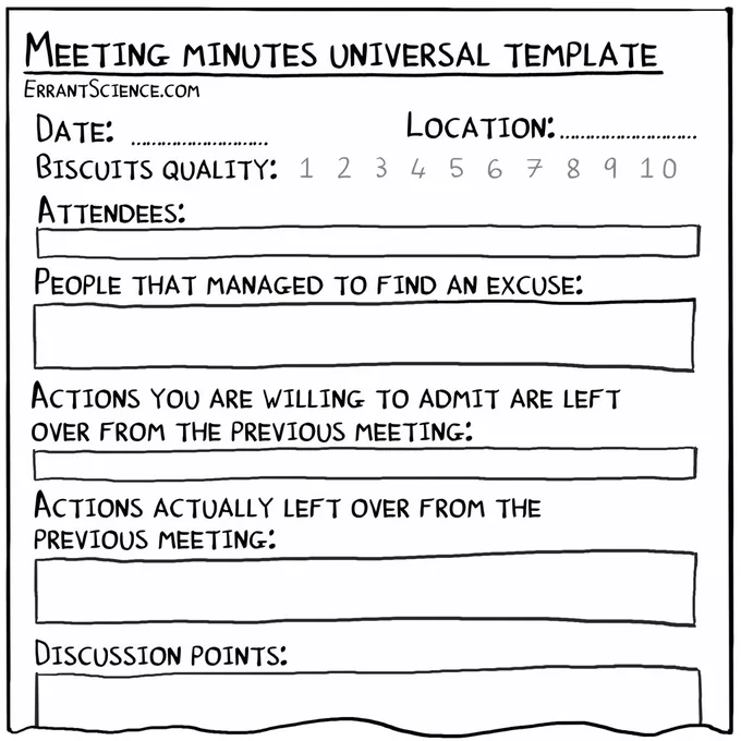 A cartoon form for meeting minutes with several boxes under each heading