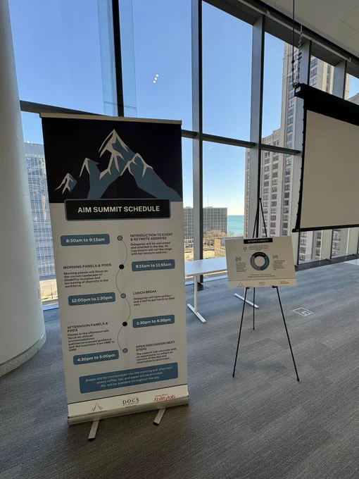 Panel of events and program format for the #AccessInMedicine conference at Shirley Ryan Abokity Lab background lake view