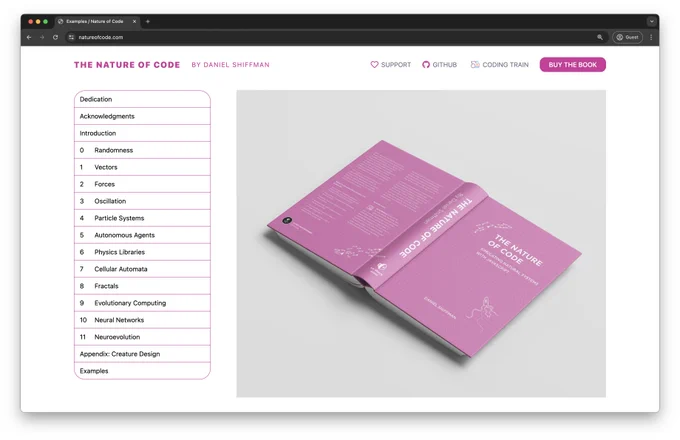 Screenshot of new website design for the Nature of Code book. Pink book mock-up and table of contents on the left.