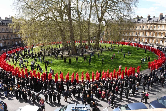 The Funeral For Nature in Bath, hundreds of "Red Rebels" are seen at the historic Circus  