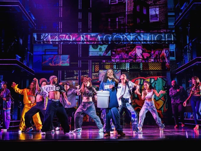 On-stage scenes from the Broadway Musical Hell’s Kitchen featuring actors singing dancing with street style clothes and colorful lights.