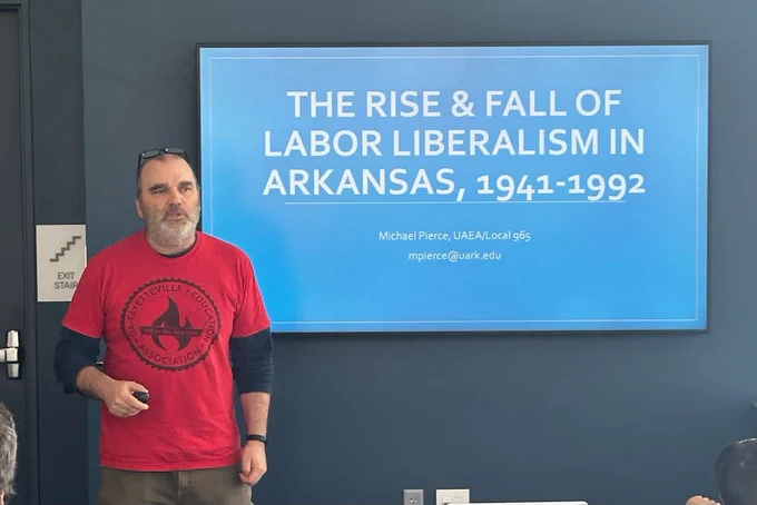 Prof. Michael Pierce of UA-Fayetteville Education Association / Local 965 at today's 2nd annual Northwest Arkansas #LaborSpring