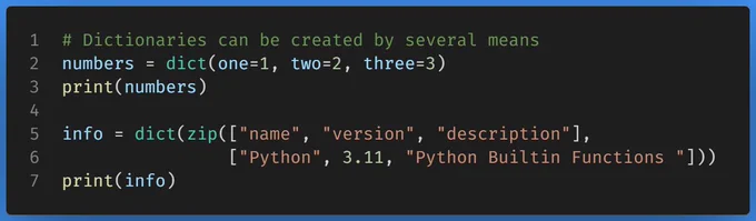 Output: 

{'one': 1, 'two': 2, 'three': 3}
{'name': 'Python', 'version': 3.11, 'description': 'Python Builtin Functions '