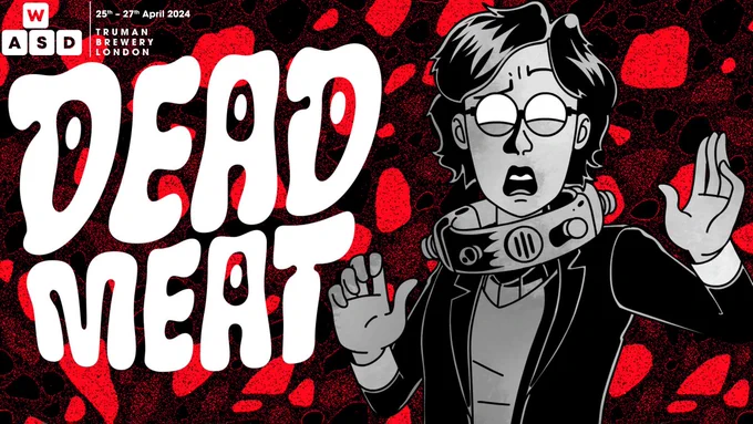 Image shows WASD and Dead Meat logos. Also shows an illustration of a character looking in shock at the camera.