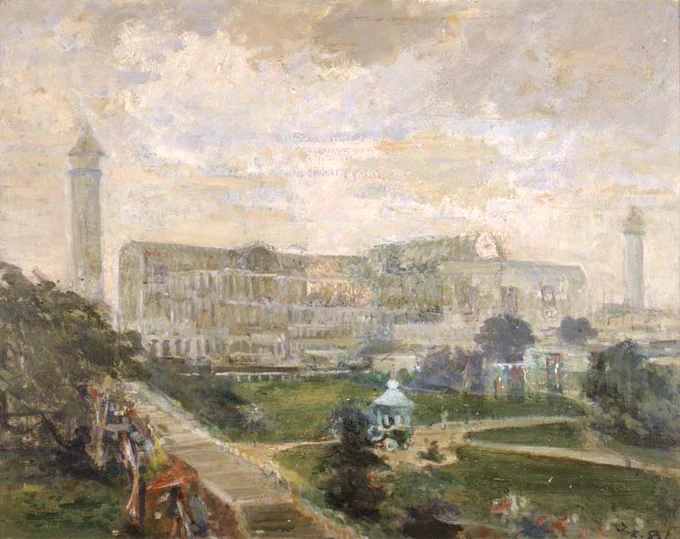 Impressionist oil painting in muted beige and green hues of the Crystal Palace, as seen from the nearby train station. 