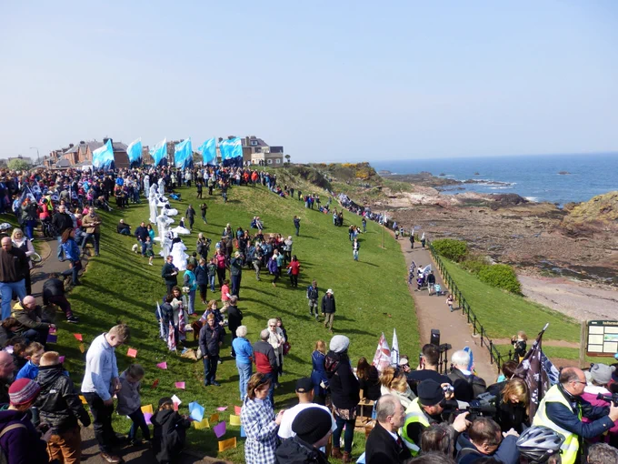 Photo of the launch of the John Muir Way showing crowds gathered at an event in Dunbar. Image credit: Duncan Smeed