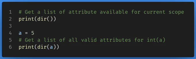 Output:
['In', 'Out', '_', '_1', '_3', '__', '___', '__builtin__', '__builtins__', '__doc__', '__loader__', '__name__', '__package__', '__spec__', '__vsc_ipynb_file__', '_dh', '_i', '_i1', '_i2', '_i3', '_i4', '_ih', '_ii', '_iii', '_oh', 'exit', 'get_ipython', 'open', 'quit']
['__abs__', '__add__', '__and__', '__bool__', '__ceil__', '__class__', '__delattr__', '__dir__', '__divmod__', '__doc__', '__eq__', '__float__', '__floor__', '__floordiv__', '__format__', '__ge__', '__getattribute__', '__getnewargs__', '__getstate__', '__gt__', '__hash__', '__index__', '__init__', '__init_subclass__', '__int__', '__invert__', '__le__', '__lshift__', '__lt__', '__mod__', '__mul__', '__ne__', '__neg__', '__new__', '__or__', '__pos__', '__pow__', '__radd__', '__rand__', '__rdivmod__', '__reduce__', '__reduce_ex__', '__repr__', '__rfloordiv__', '__rlshift__', '__rmod__', '__rmul__', '__ror__', '__round__', '__rpow__', '__rrshift__', '__rshift__', '__rsub__', '__rtruediv__', '__rxor__', '__setattr__',