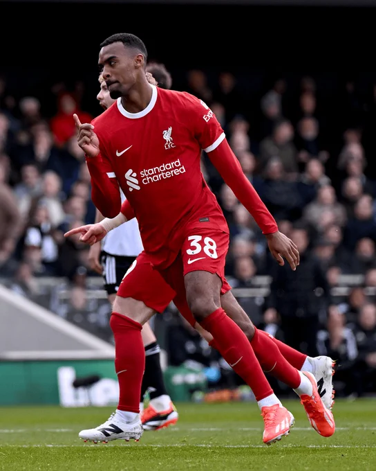 Ryan Gravenberch celebrates his first Premier League goal