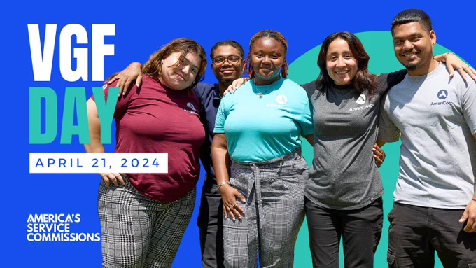Image Description: Decorative image. A blue and teal graphic. Text reads VGF Day April 21, 2024. Includes a photo of 5 AmeriCorps members and the ASC logo.