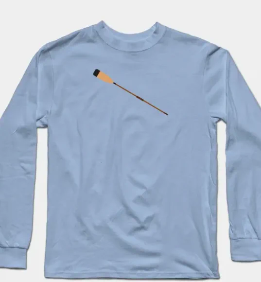 Our rowing oar design is shown on a long sleeve blue T shirt.