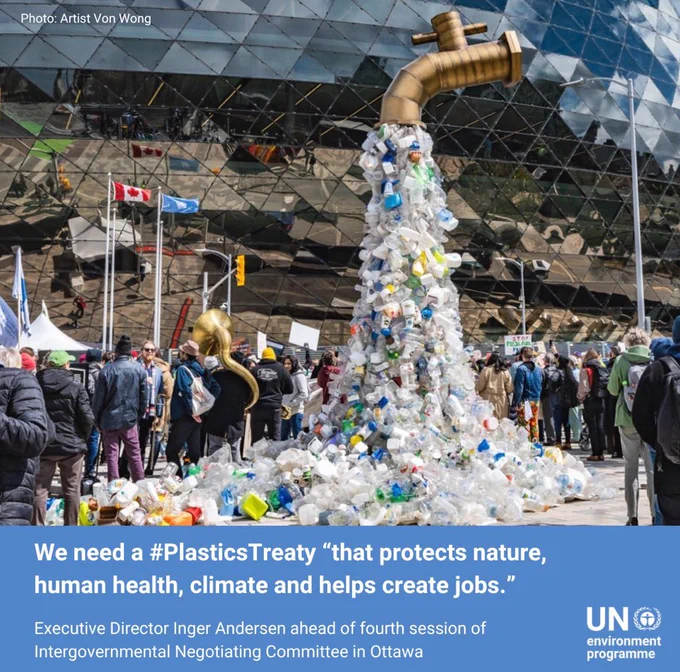 Image of an art installation of plastic pollution falling from a tap with this text: "We need a #PlasticsTreaty “that protects nature, human health, climate and helps create jobs.”
 
Quote is credited to: Executive Director Inger Andersen ahead of fourth session of Intergovernmental Negotiating Committee in Ottawa
 
Photo: Artist Von Wong