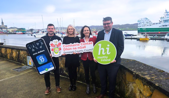 Cllr. Niamh Kennedy, Chair of Donegal LCDC pictured launching the Civic Dollars Project with (L-R) Stephen McPeake, CEO Civic Dollars; Margaret Fitzgerald, Healthy Ireland Coordinator and Paddy Doherty, Senior Executive Officer, Community Development, Donegal County Council at the Shore Front Walk, Killybegs.  