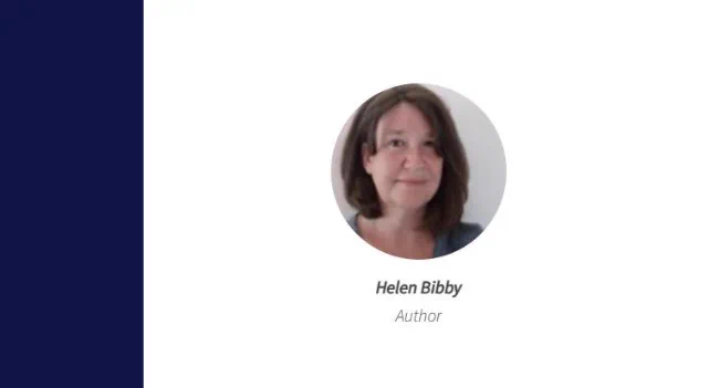A picture of Helen Bibby, one of the Sound-Train programme authors. There is a navy blue banner to the left of Helen's photograph. 