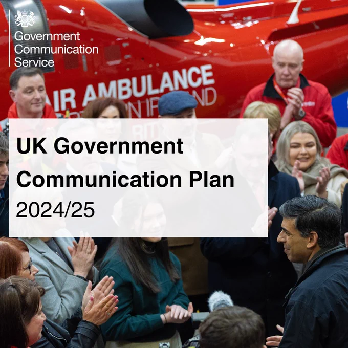 Prime Minister Rishi Sunak visits the Air Ambulance NI base. A white Government Communication logo is in the top left, and text in the middle of the photo reads: UK Government Communication Plan 2024/25.