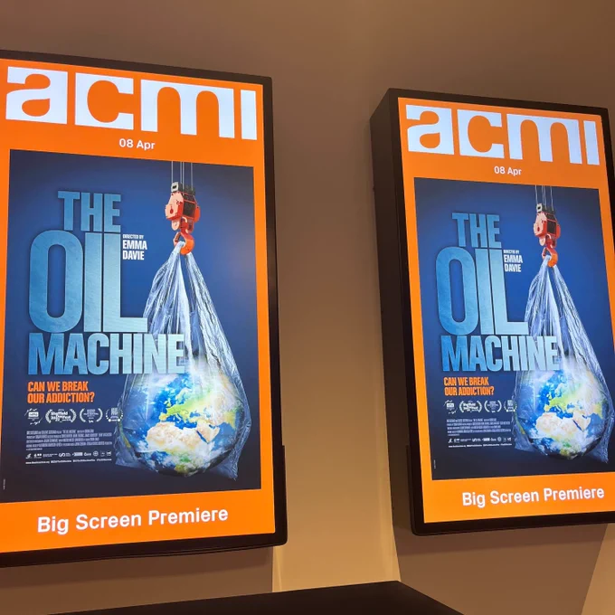 Movie posters of The Oil Machine framed by the words 'ACMI Big Screen Premiere' 