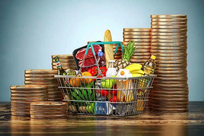 Shopping basket with food and coin stacks