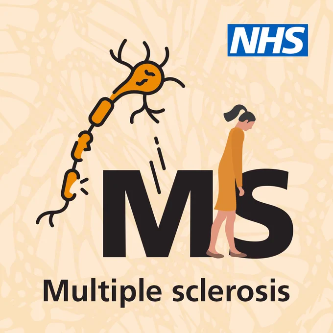 Illustration of a damaged nerve and a woman walking slowly with her head bowed slightly. Text reads: ‘Multiple sclerosis (MS)’ 