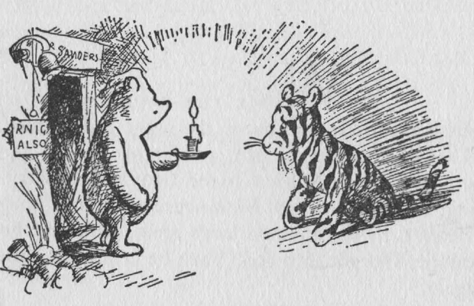Illustration of Winnie the Pooh meeting Tigger for the first time, from The House at Pooh Corner (1928).