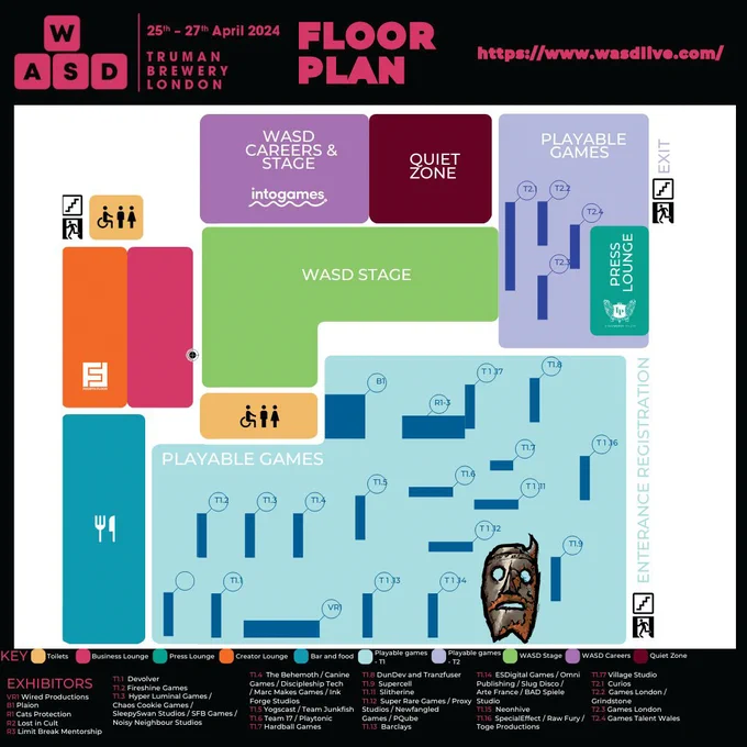 Image of the WASD floor plan showing the event layout featuring Career Stage, Quiet Zone, WASD Stage and Playable Games. The Neonhive Booth 1.15 where you can play Harvest Hunt has been highlighted with an image of the Warden's mask from the game 