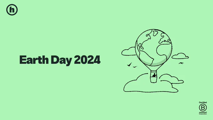 "Earth Day 2024" on an Honest branded green background, with an illustration of a hot air balloon that looks like the earth