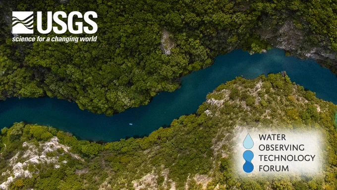 We see a river from a birds-eye view. The white USGS logo is in the top left. The Water Observing Technology Forum logo and text is in the bottom right. 
