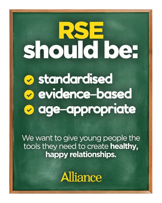 Image of a blackboard with a text overlay.

Text reads: "RSE should be:
standardised
evidence-based
age-appropriate

We want to give young people the tools they need to create healthy, happy relationships."