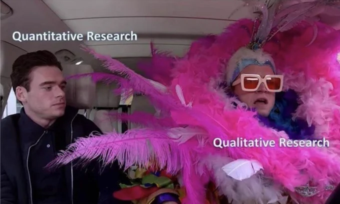 Person on the left in plain black clothes labeled "quantitative research" and person on the right in big flamboyant, pink clothing labeled "qualitative research"