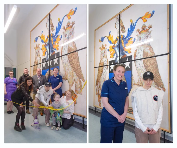 Two photos of a patient who donated Lego artwork she created to the hospital. Photo with staff members and artwork.