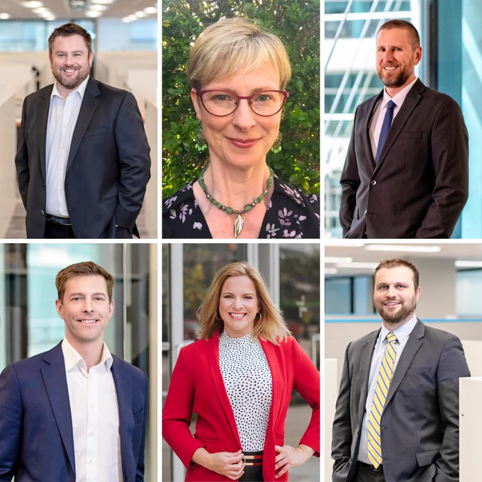Two rows of headshots capturing RJC Engineers' Embodied Carbon Team. Top row (from left to right): Mike Moffatt, Wendy C. Macdonald and Terry Bergen. Bottom row: Duncan Rowe, Tanya Kennedy Flood and Dominic Mattman.