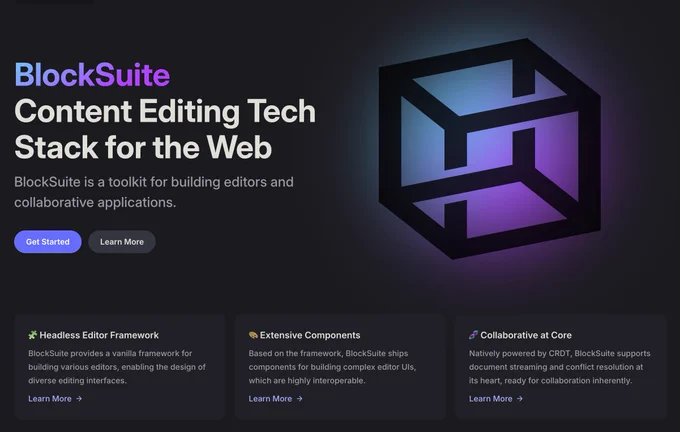 A screenshot of the blocksuite.io homepage