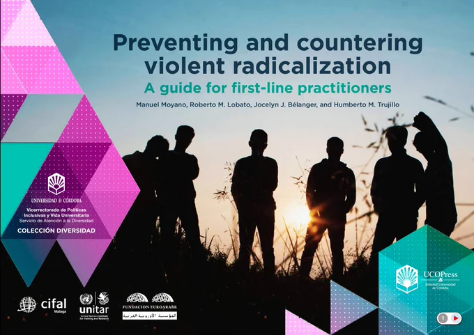 Cover of the guideline featuring the document title, authors, and logos of the University of Cordoba, CIFAL Malaga, UNITAR, and FUNDACIÓN EUROARABE. Image depicts silhouettes of young people in a field.