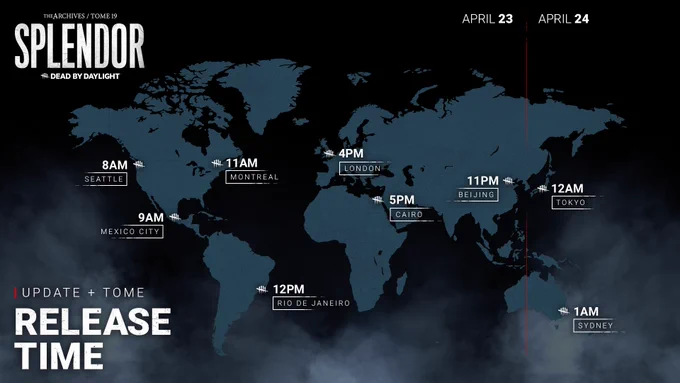 A map of the world showing the time of the Tome and Update release in different regions. The release time is set for 11AM ET o April 23rd.