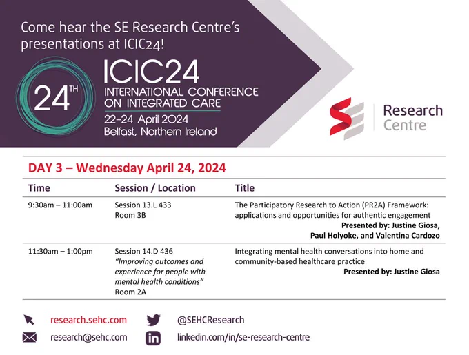 Day 3 - Wednesday April 24, 2024. 9:30am-11:00am Session 13.L 433 Room 3B "The Participatory Research to Action (PR2A) Framework: applications and opportunities for authentic engagement. 11:30am-1:00pm Session 14.D 436 Room 2A "Integrating mental health conversations into home and community-based healthcare practice".