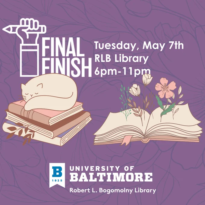 Final Finish. Tuesday, May 7, RLB Library, 6pm-11pm. RLB Library logo