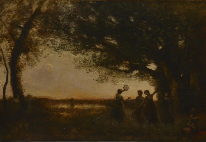 Image: Jean-Baptiste-Camille Corot, “Pleasures of the Evening,” 1855-1865. Oil on canvas. SBMA, Gift of the A.E. Clegg Family.