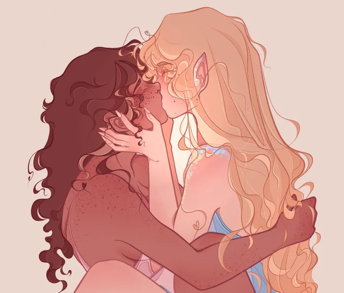 Adora and Catra from Anchor AU, kissing. They are both sitis on each other's lap. Adora has her hands cradled around Catra's face. Catra's arms are wrapped around Adora. They are cute 