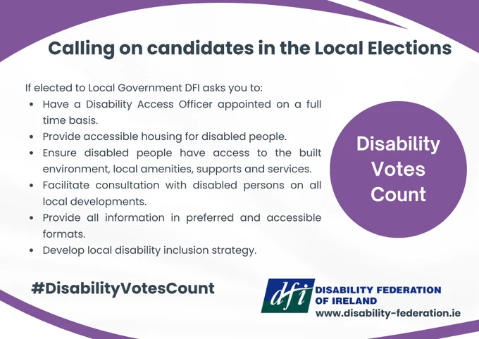 Local Elections postcard with our asks of candidates. Includes the hashtag #DisabilityVotesCount