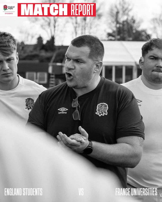 Match Report. England Students vs France Universities. Black and white image of head coach Darren Fearn after the match